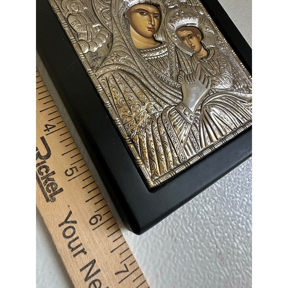 Byzantine Greek Orthodox 950 Pure Silver Icon Virgin Mary Child Jesus 6x5 - Picture 9 of 10